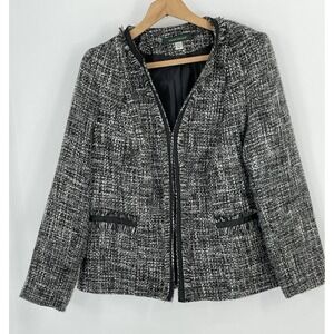 Harve Benard Woman 14/16 Black and White Tweed Open Cut Jacket Fringe Detail